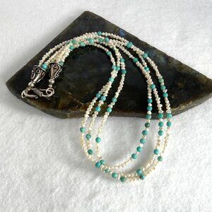 Sterling Silver 925 Beaded Keshi Pearl & Turquoise Triple Strand Necklace 19"